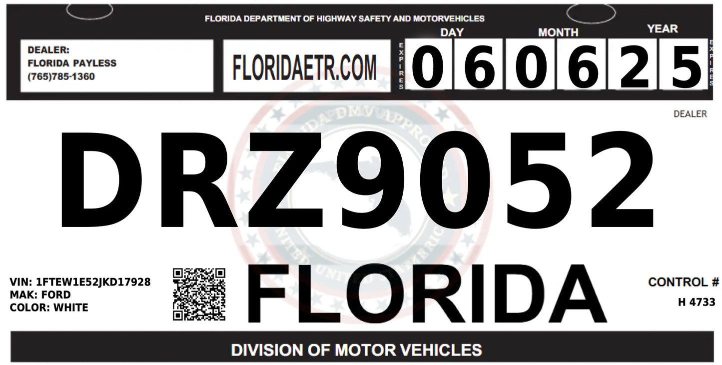 Florida 30-Day Temporary Tag – Licensed Dealer Issued