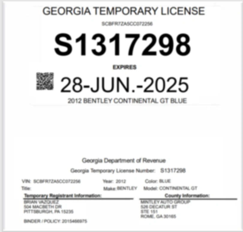 Georgia 45-Day Temporary Tag – Licensed Dealer Issued