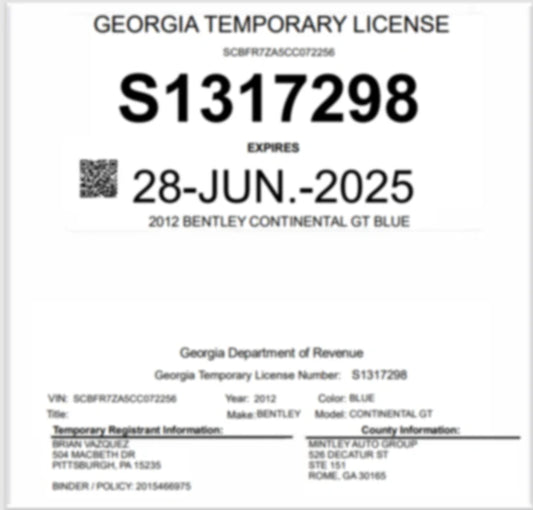 Georgia 45-Day Temporary Tag – Licensed Dealer Issued