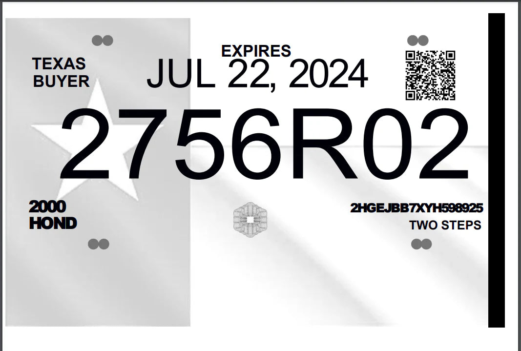 Texas 30-Day Temporary Tag – Licensed Dealer Issued