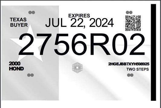 Texas 30-Day Temporary Tag – Licensed Dealer Issued