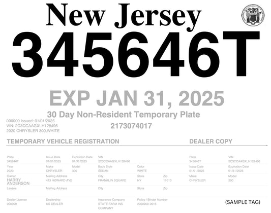 New Jersey 30-Day Temporary Tag – Licensed Dealer Issued